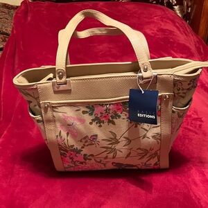 Basic Editions Floral Tote - Cream and Pink with pink butterflies